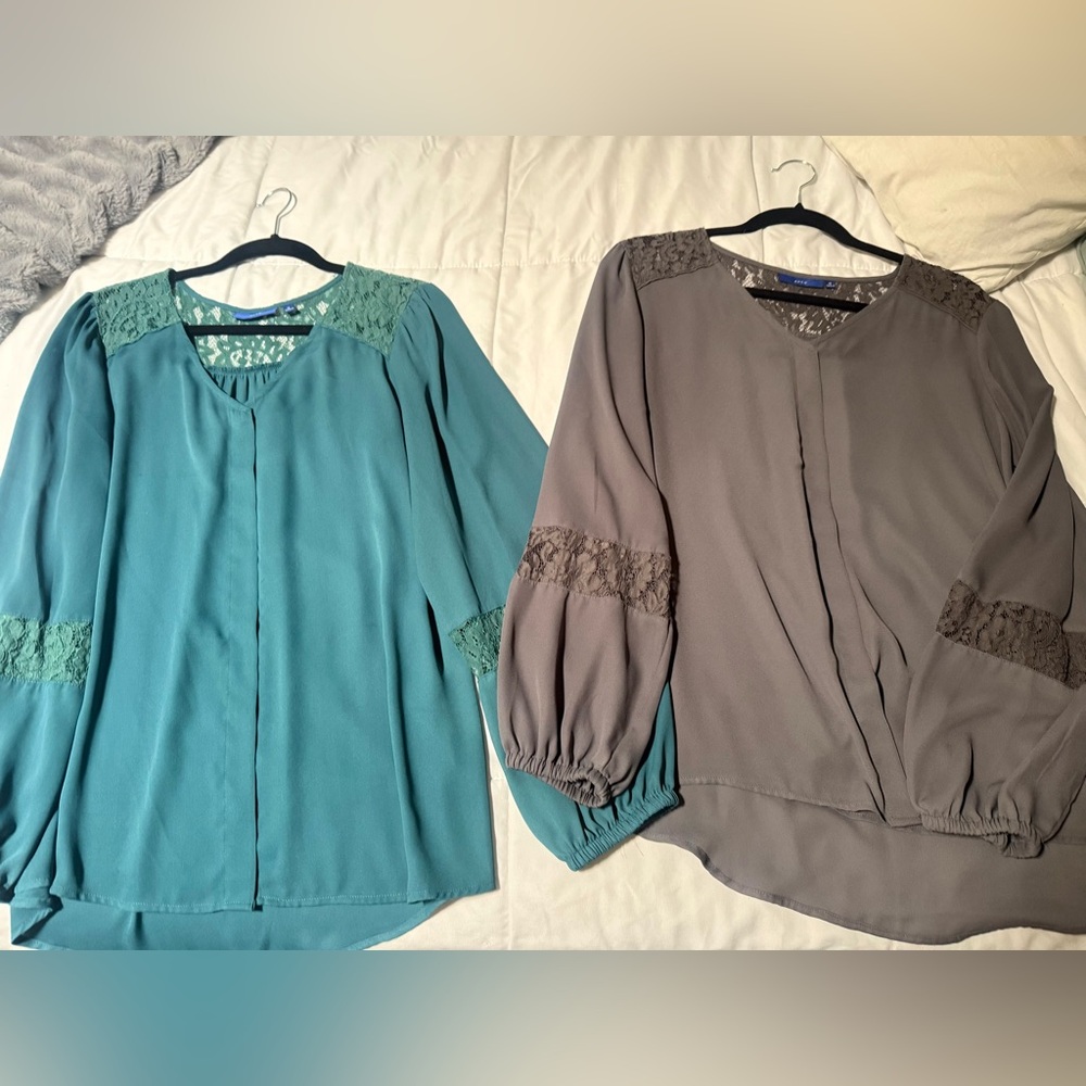 Elegant Lace Accent Women's Tops - Teal and Grey